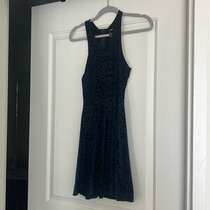 AQUA blue and black paisley velvet mini dress